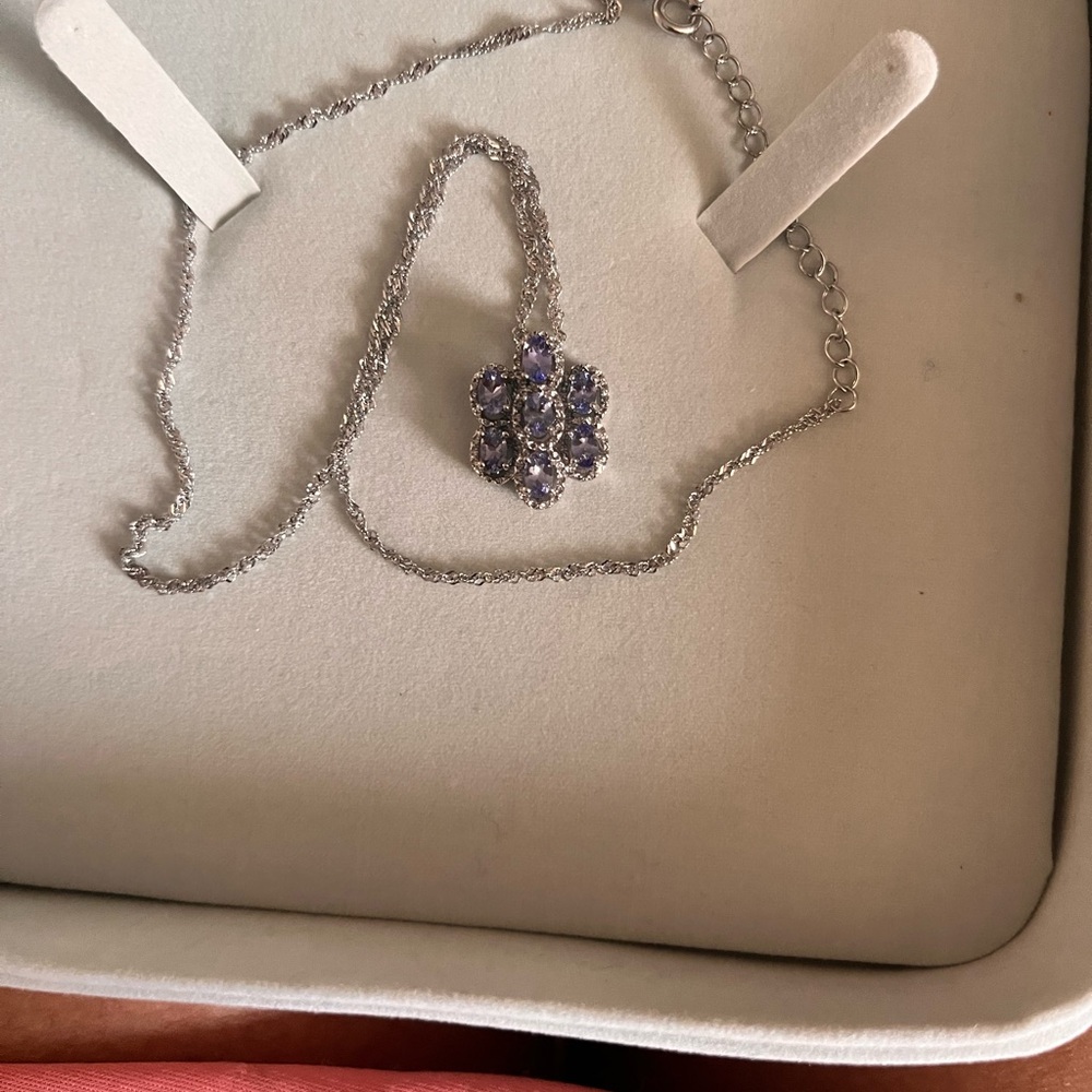 Silver and Tanzanite Cluster Pendant Necklace